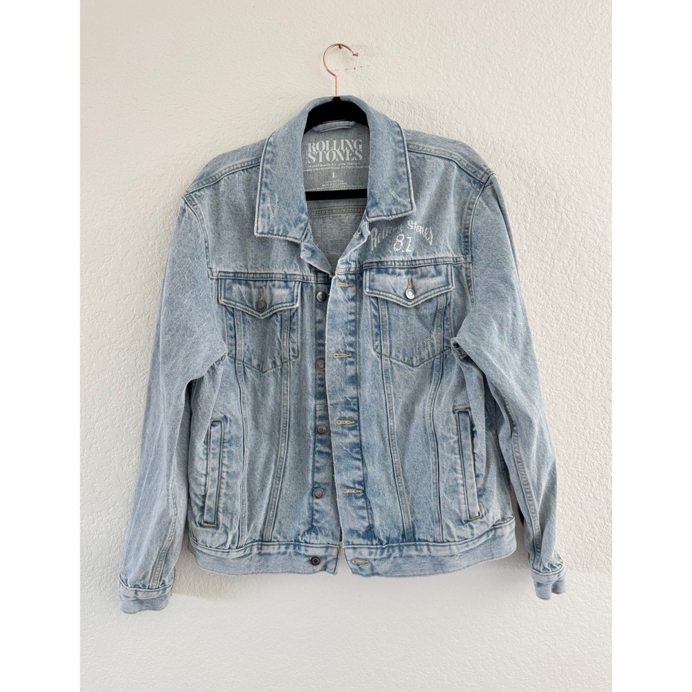 Rolling Stones Denim Jacket Cotton Light Wash Blue Rock Band Tour Mens L 2023